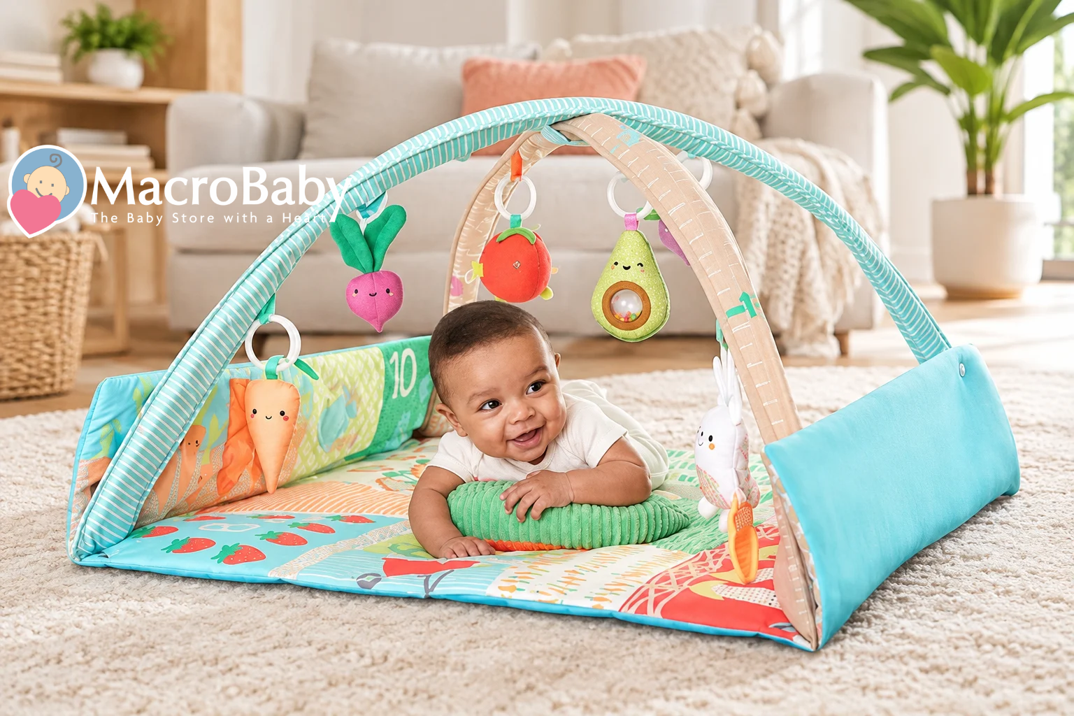 Smiling baby enjoying tummy time on a colorful activity play mat in a cozy living room.