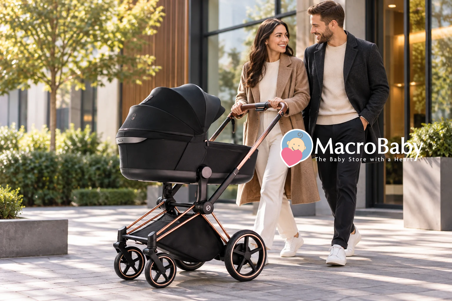 Couple enjoying a walk with a luxury Cybex stroller in a modern urban setting.