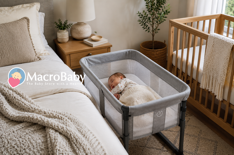A realistic sleeping newborn in a bedside bassinet next to a bed, with a wooden crib in a bright, modern nursery.