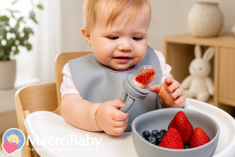 Baby sitting in a high chair wearing a gray silicone bib, holding a gray silicone fruit feeder filled with strawberry while reaching toward it, with a bowl of fresh strawberries and blueberries on the tray in a bright, modern dining space.