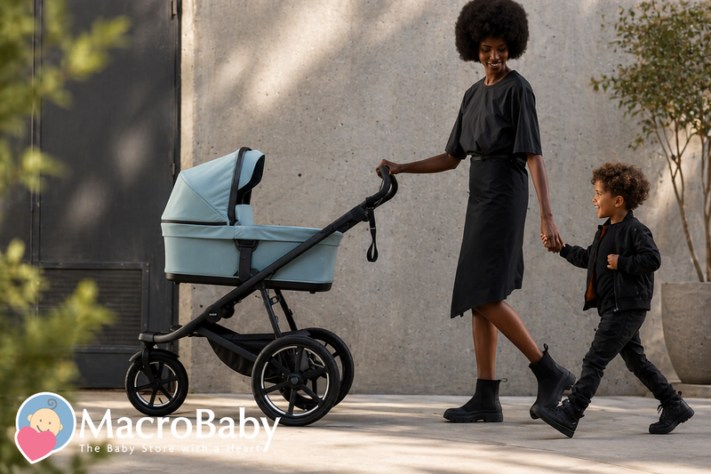 Mom pushing light blue baby stroller while holding toddler's hand outdoors