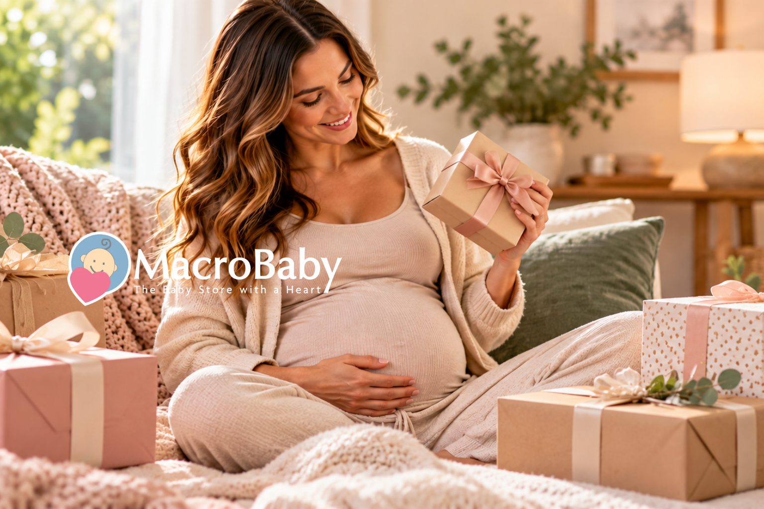Pregnant woman smiling while holding a wrapped gift, surrounded by beautifully decorated gift boxes in a cozy living room, featuring thoughtful gift ideas for expecting moms.