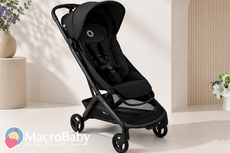 Black lightweight baby stroller with canopy and storage basket, ideal for travel and everyday use.