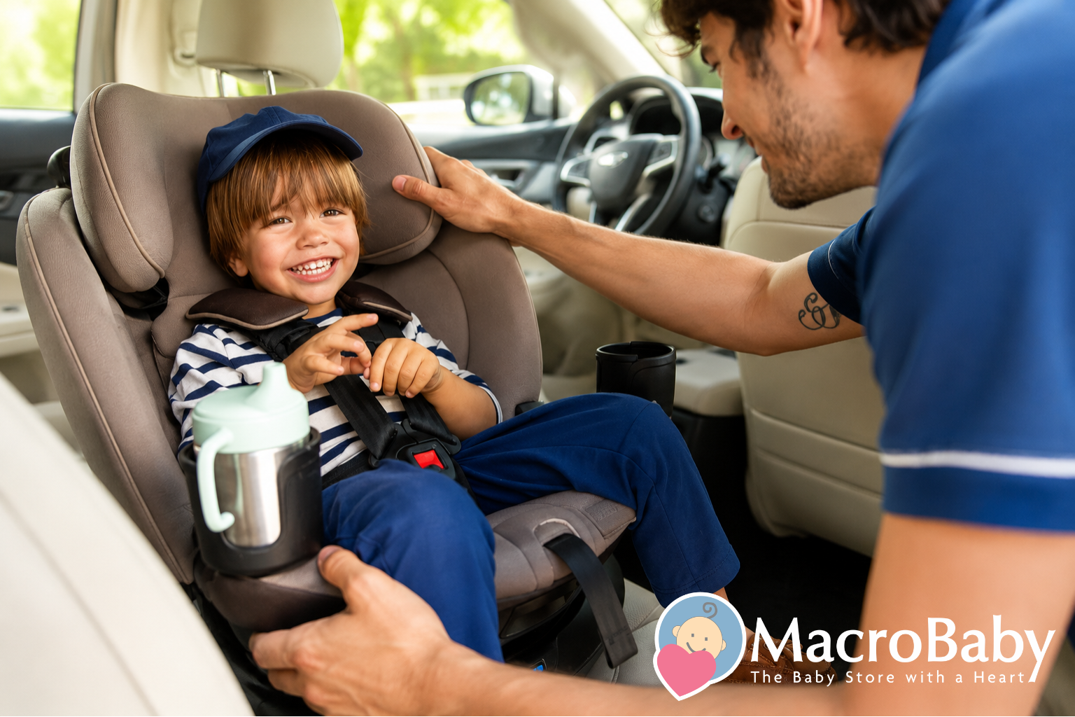 Happy toddler in car seat with dad adjusting harness, sippy cup nearby — safe baby travel gear