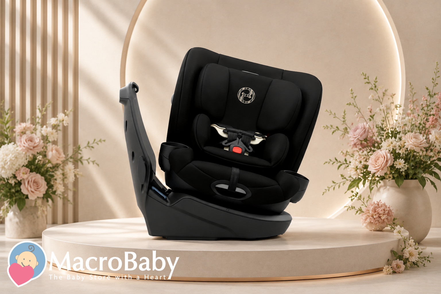 Black infant car seat with cup holders, displayed on pedestal with floral arrangements for baby safety gear.