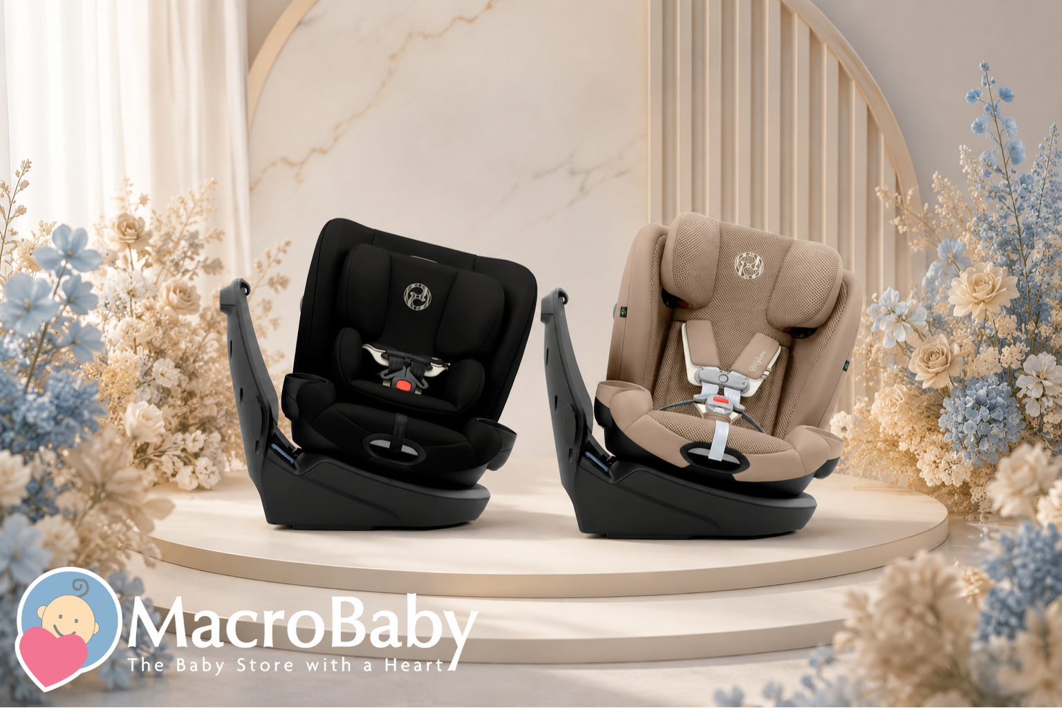 Black and beige baby car seats displayed on a pedestal with floral decor, ideal for infant safety and comfort.