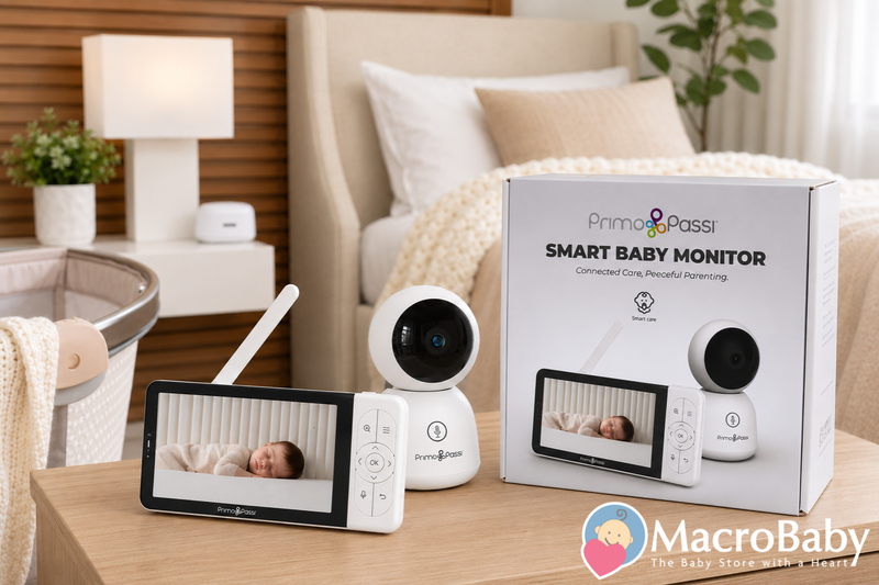 Primo Passi smart baby monitor with camera and display, showing sleeping infant in nursery setting