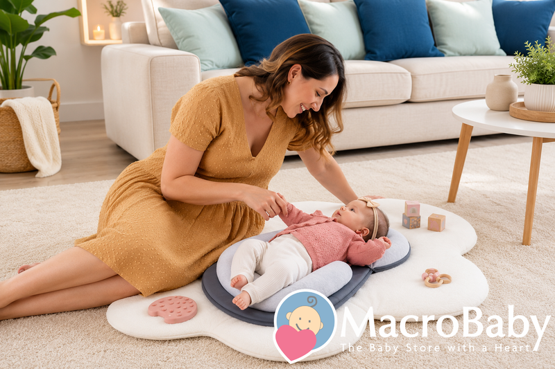 Mom playing with baby on cloud-shaped play mat with soft toys, perfect for infant tummy time and development.