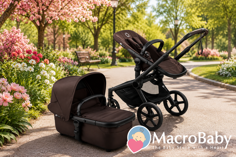 Brown baby stroller with bassinet on park path, ideal for newborns and infants