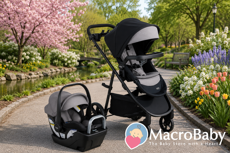 Black and gray baby stroller with car seat in spring garden, perfect for newborns and infants
