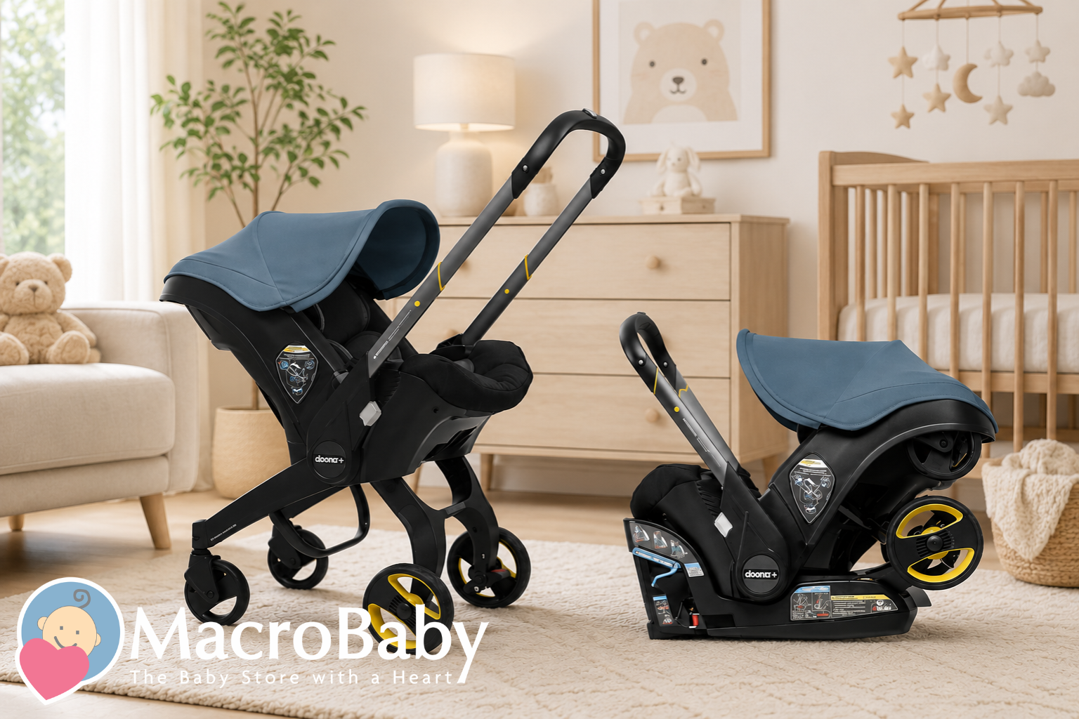 Doona+ infant car seat and stroller combo in blue and black, shown in nursery setting with crib and decor
