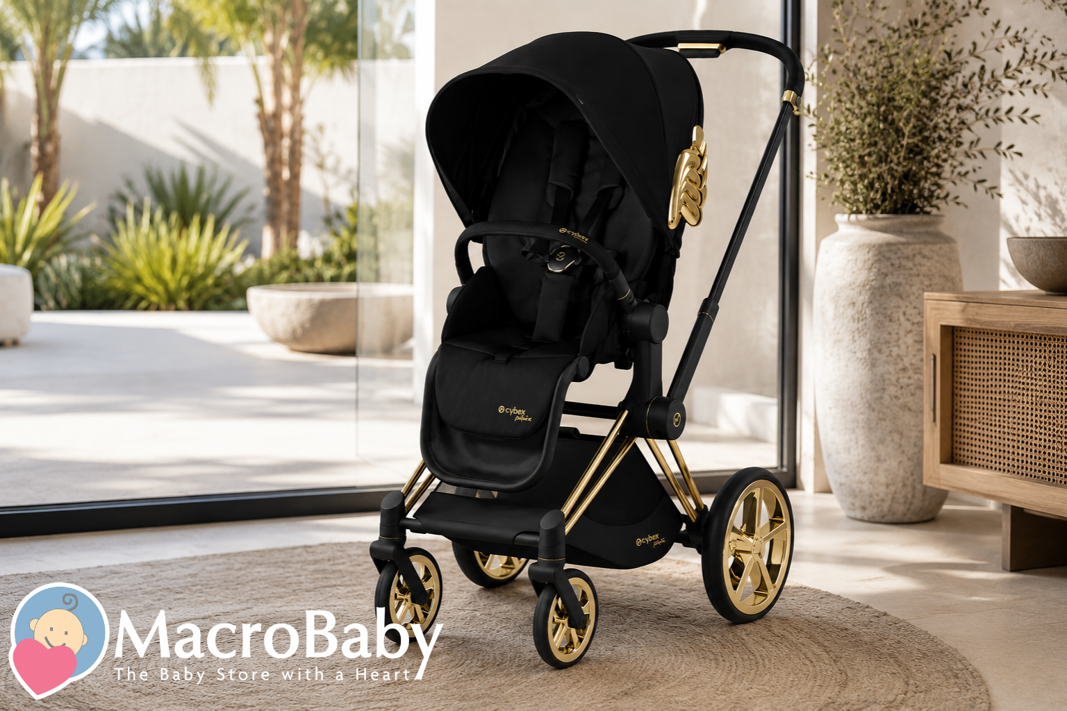 Luxury black and gold Cybex baby stroller with modern design, perfect for stylish parents and urban outings.