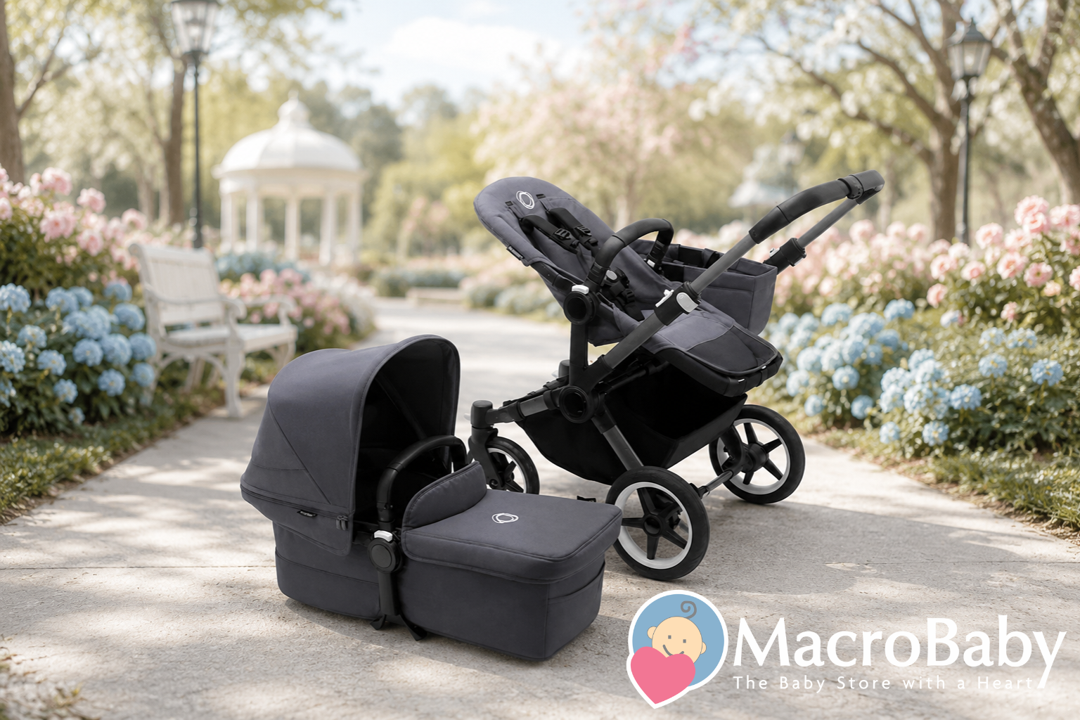 Stylish black baby stroller with bassinet on garden path, perfect for newborns and toddlers