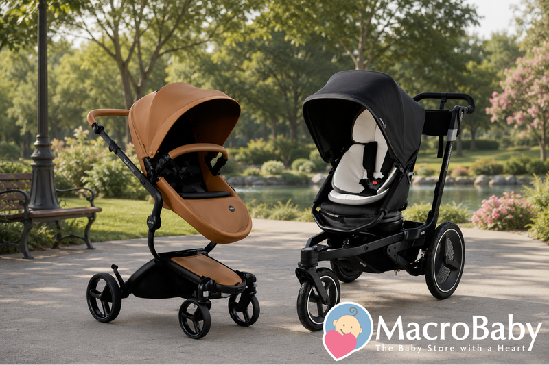 Two modern baby strollers in tan and black, parked on a park path near a pond, ideal for moms and babies.