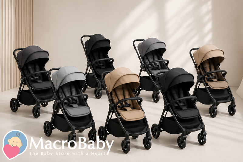 Modern baby strollers in black, gray, and beige, perfect for urban parenting and easy travel.
