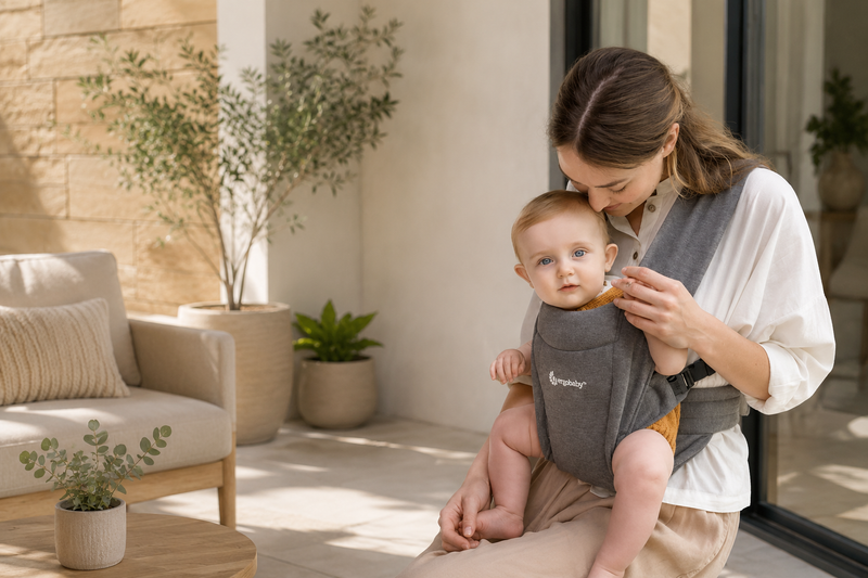 Mom holding baby in Ergobaby carrier on sunny patio with plants and modern furniture