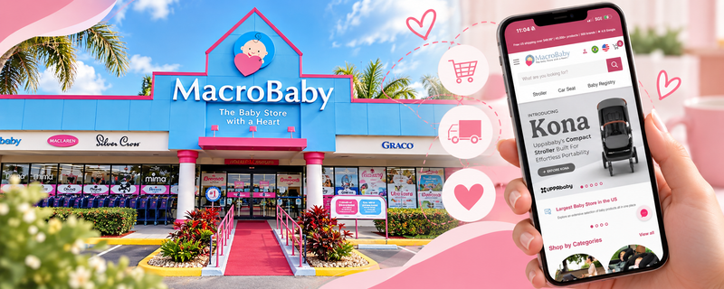 MacroBaby Orlando storefront and online baby store on a smartphone.