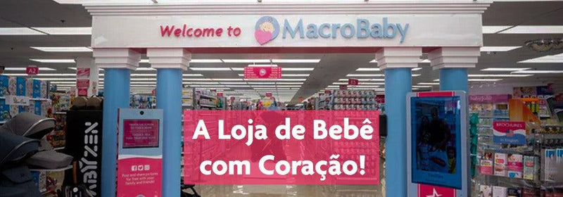 Welcome to MacroBaby store entrance with baby products, strollers, and signage in Portuguese