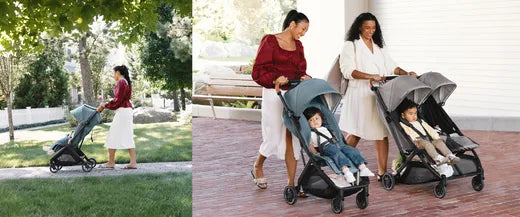 Mom pushing baby stroller outdoors, twin strollers with infants, ideal for baby gear shopping