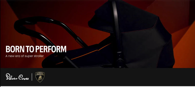 Luxury black baby stroller with orange accents, Silver Cross x Lamborghini collaboration, born to perform