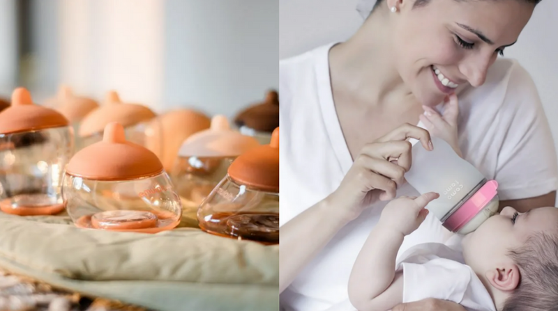 Mom feeding baby with pink-topped bottle; glass baby bottles with orange caps displayed nearby