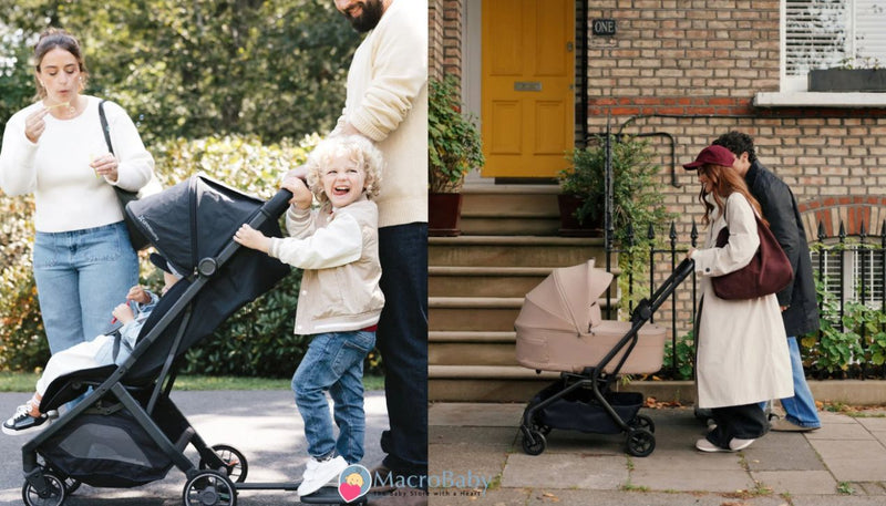 Family enjoying outdoor walk with baby stroller, toddler playing, parents pushing stroller near home