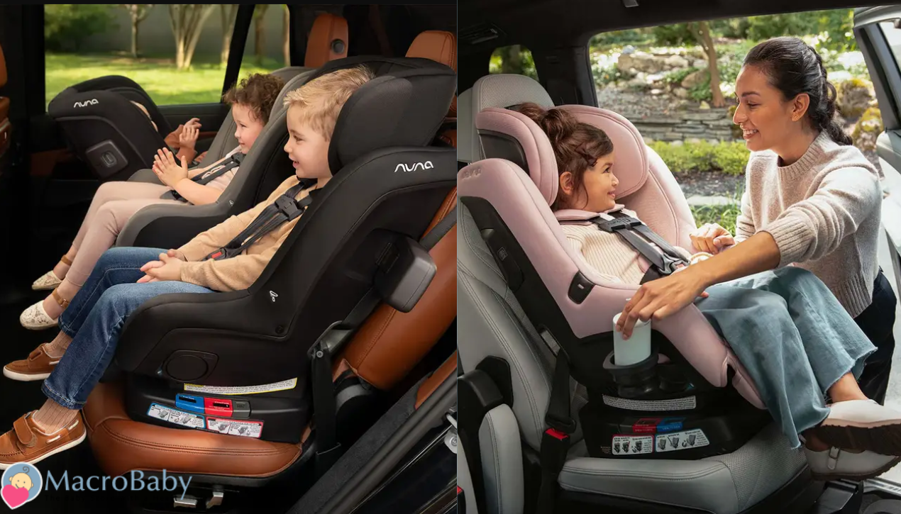 Kids in Nuna car seats, safe and cozy for family travel with mom assisting