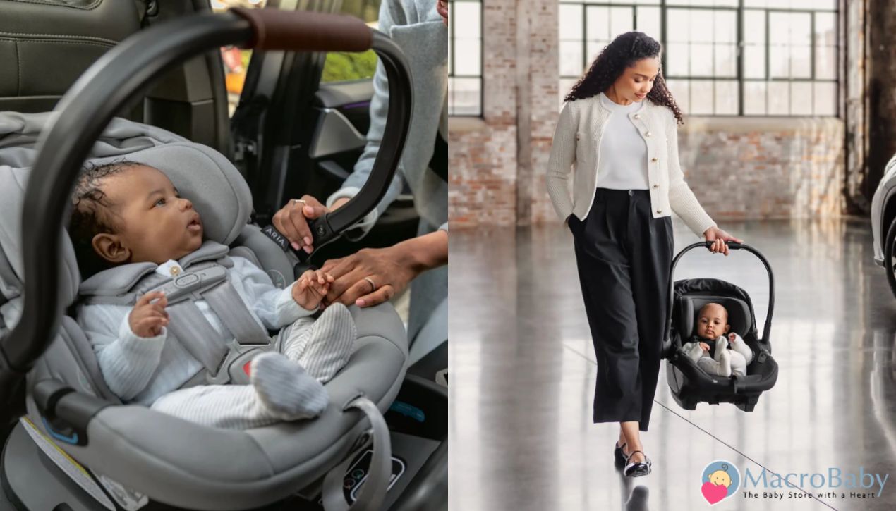Baby in gray car seat being secured by parent, mom carrying infant car seat in stylish outfit