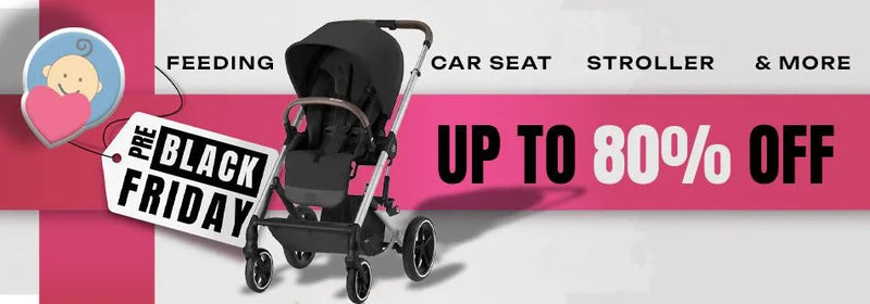 Black stroller on sale up to 80% off for Pre Black Friday, featuring baby gear like car seats and feeding items