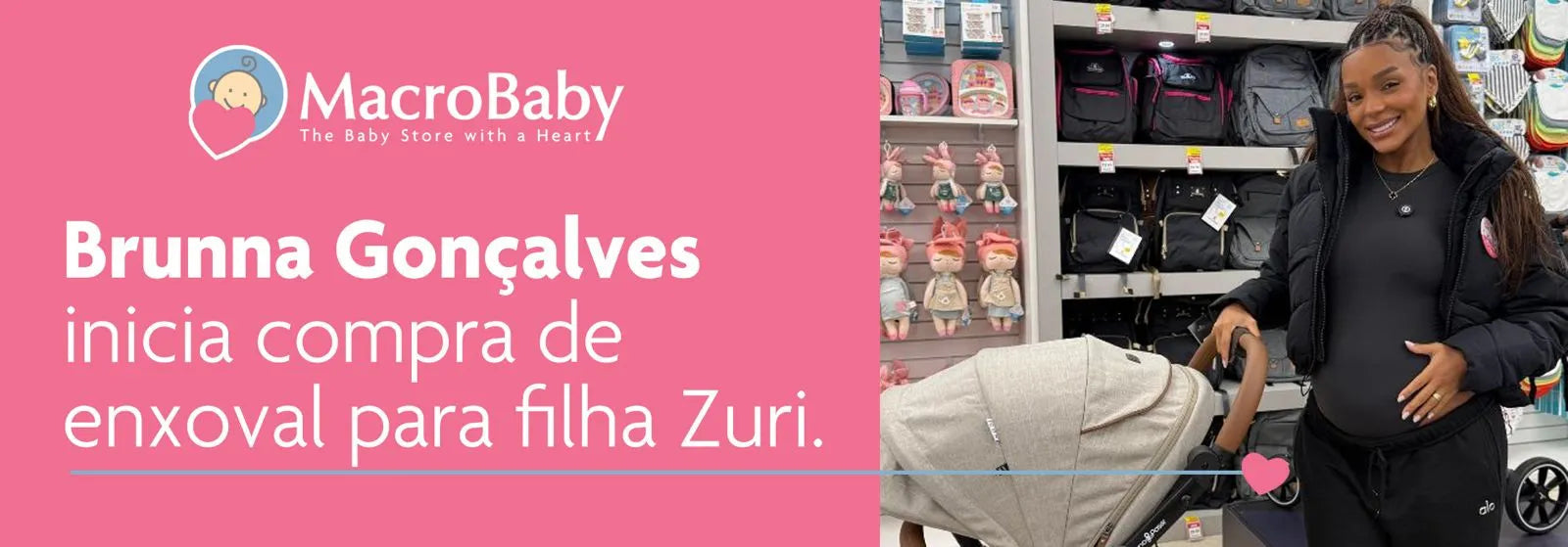 Pregnant woman shopping for baby stroller at MacroBaby store, holding belly near nursery gear