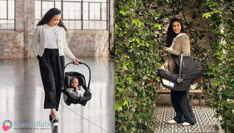 Mom carrying newborn in portable infant car seat, ideal for strollers and travel, shown in urban and garden settings