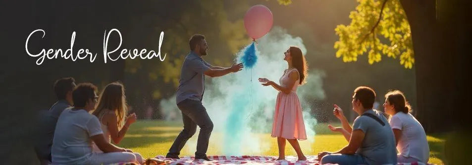 Gender reveal party with blue smoke and pink balloon outdoors