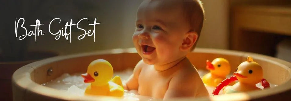Happy baby in wooden tub with yellow rubber ducks, Bath Gift Set for newborns and infants