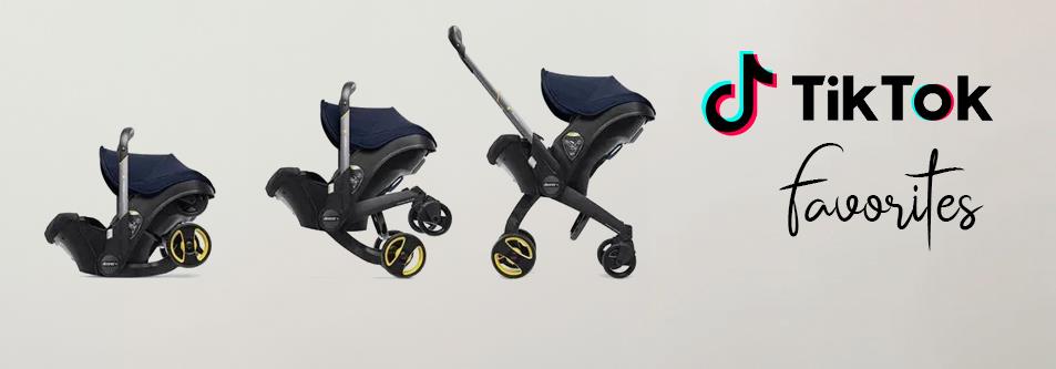 Black and navy stroller with yellow wheels, shown in three stages, TikTok favorites