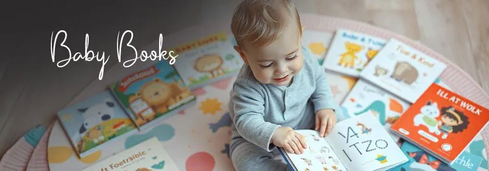 Baby reading colorful board books on playful rug, surrounded by educational baby books for early learning