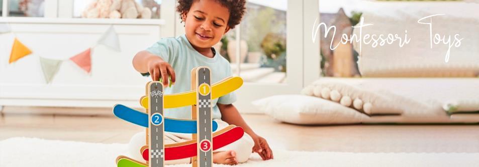 Child playing with colorful Montessori stacking toy on rug, educational baby toy for developmental play