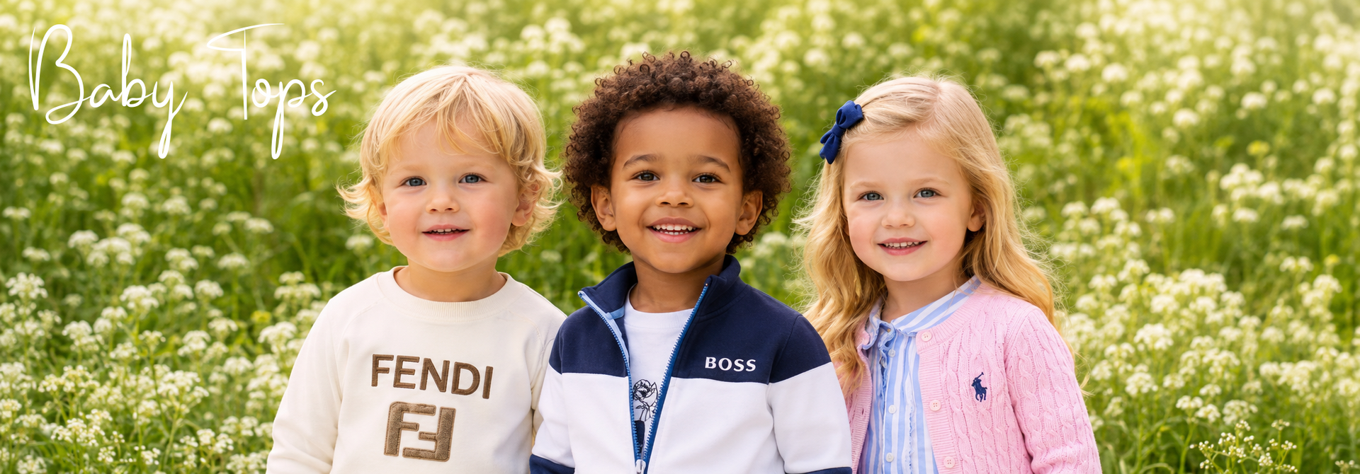 Three smiling toddlers in stylish baby tops and jackets, standing in a sunny flower field.