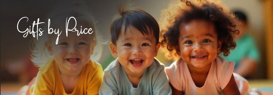 Three smiling babies in colorful outfits, happy gift ideas for moms and babies