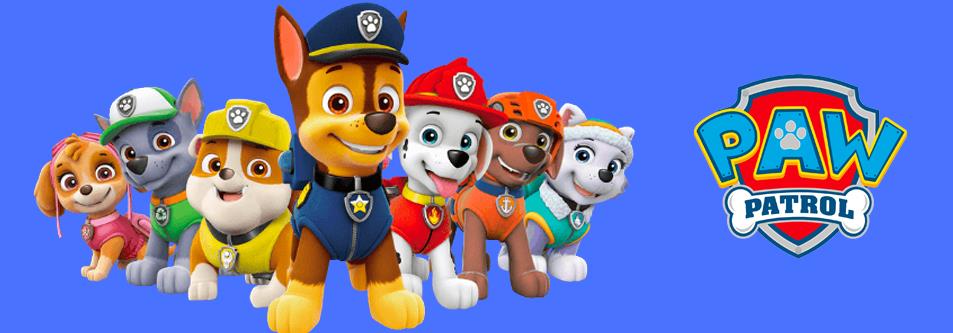 Paw Patrol pups in colorful uniforms, ready for action on blue background