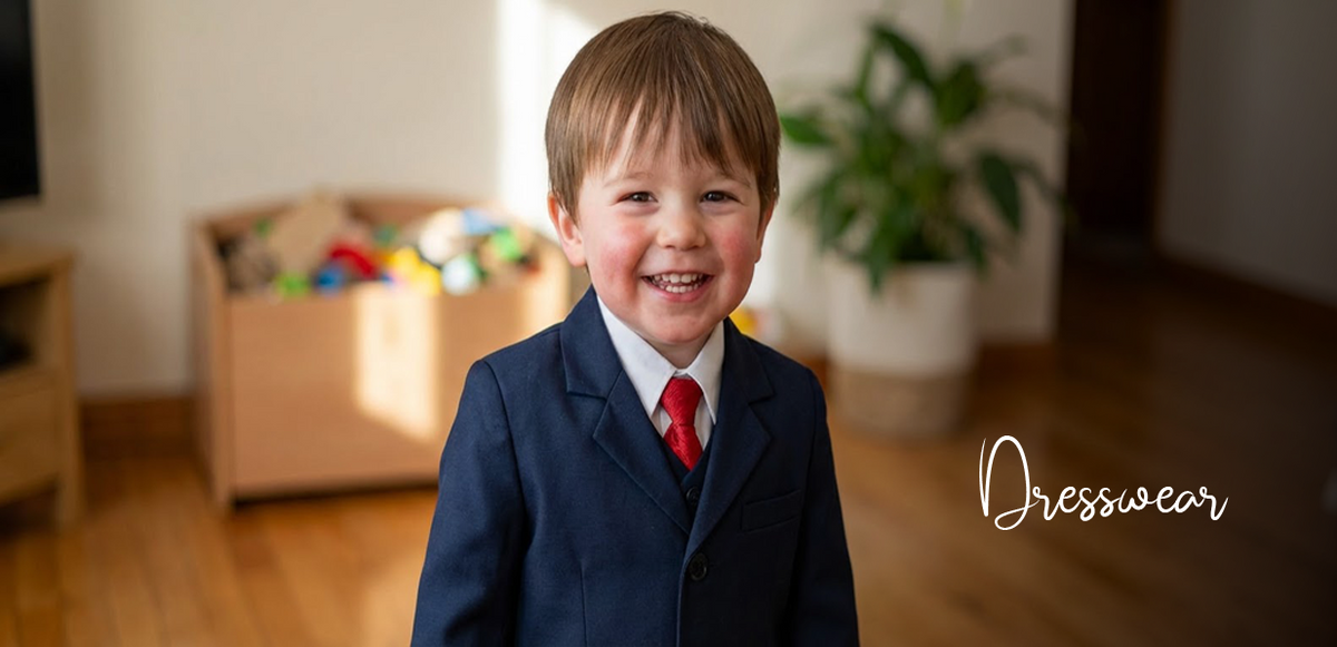 Toddler boy in navy blue dresswear suit with red tie, smiling at home