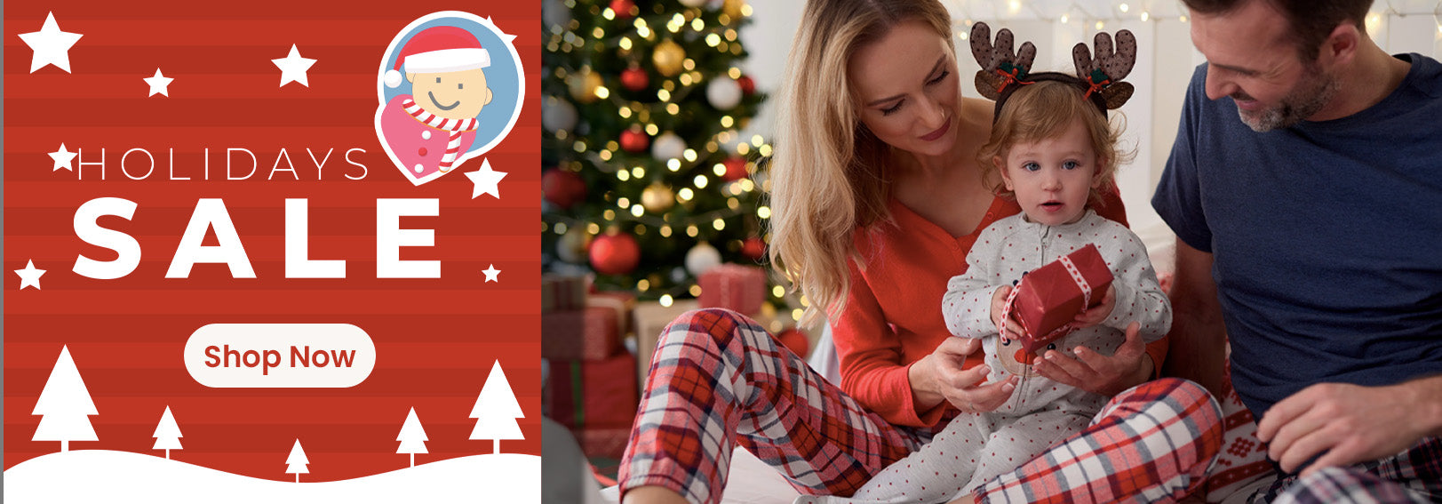Holiday sale: family with baby opening gift near Christmas tree, festive pajamas, shop now