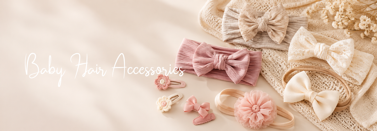 Baby hair accessories with bows and floral clips on soft knit fabric