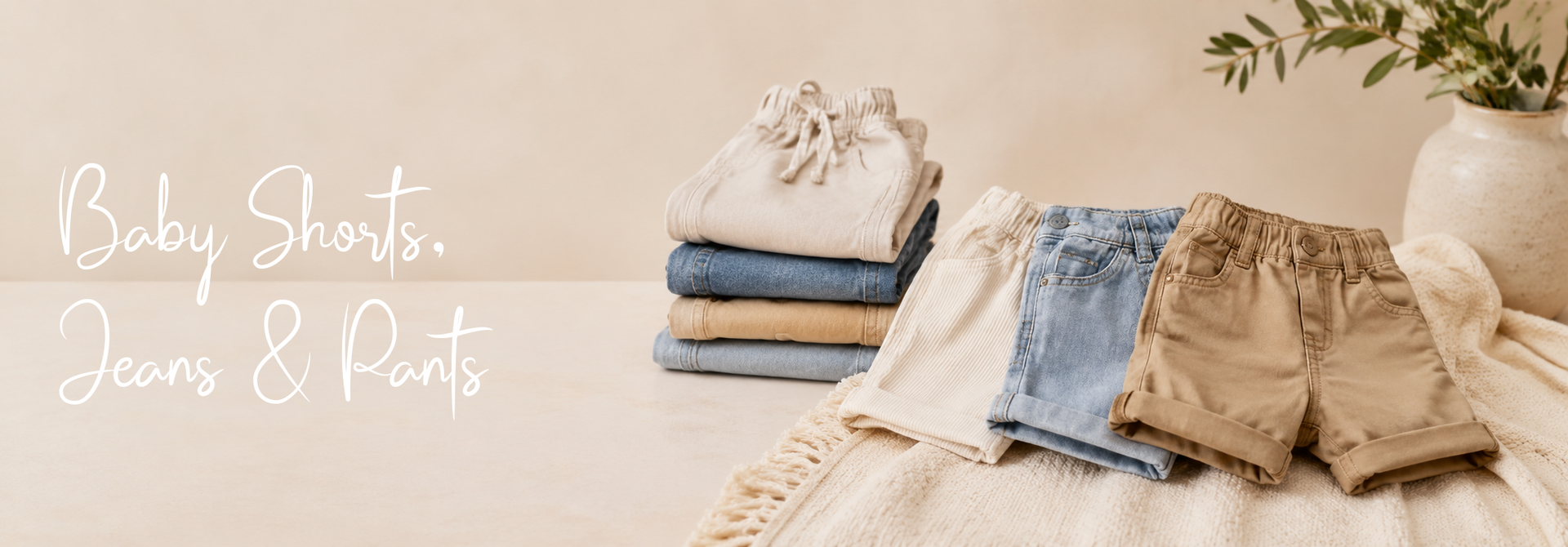 Baby shorts, jeans & pants in soft fabrics, neatly folded on a cozy blanket for infant and toddler wear.
