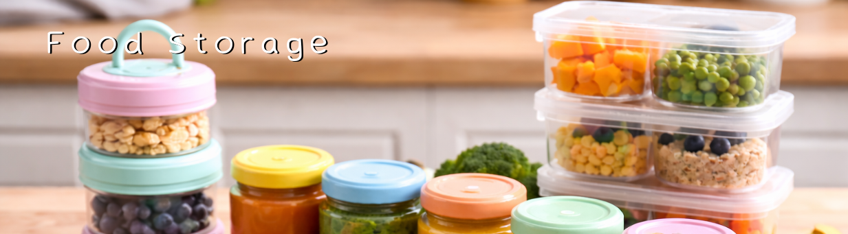 Colorful baby food storage containers with fruits, veggies, and purees for meal prep