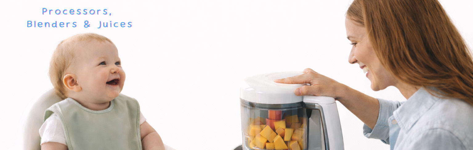 Mom blending baby food with fresh fruits for healthy infant meals