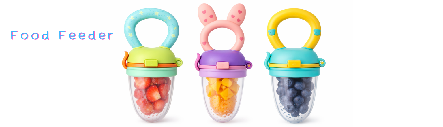 Colorful baby food feeders with strawberries, mango, and blueberries for safe self-feeding