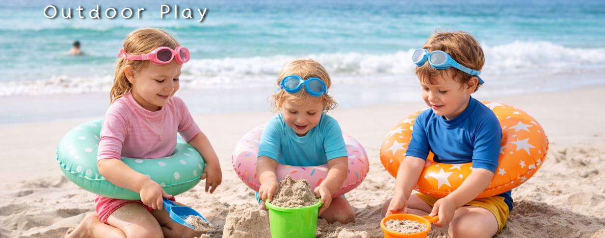 Kids playing with sand buckets and floaties at beach, outdoor play with swimwear and goggles