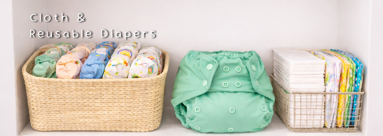 Cloth & reusable diapers in baskets, eco-friendly baby essentials for moms