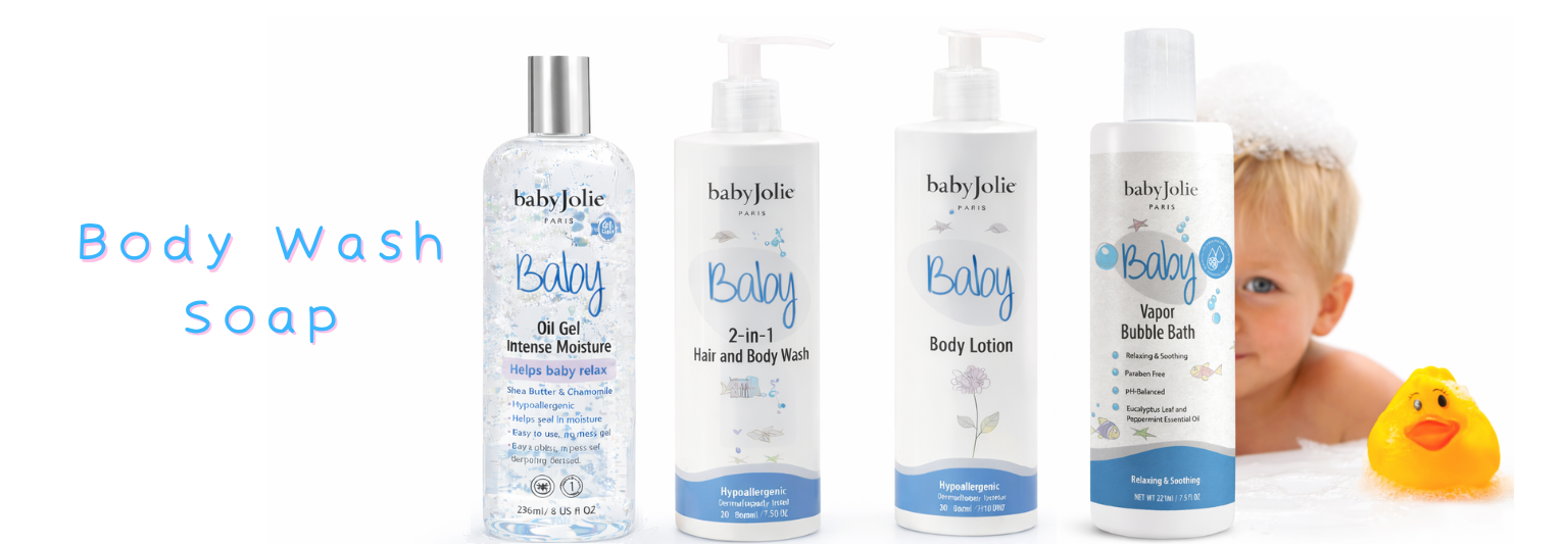 BabyJolie Paris baby bath products: oil gel, 2-in-1 wash, body lotion, vapor bubble bath with child bathing