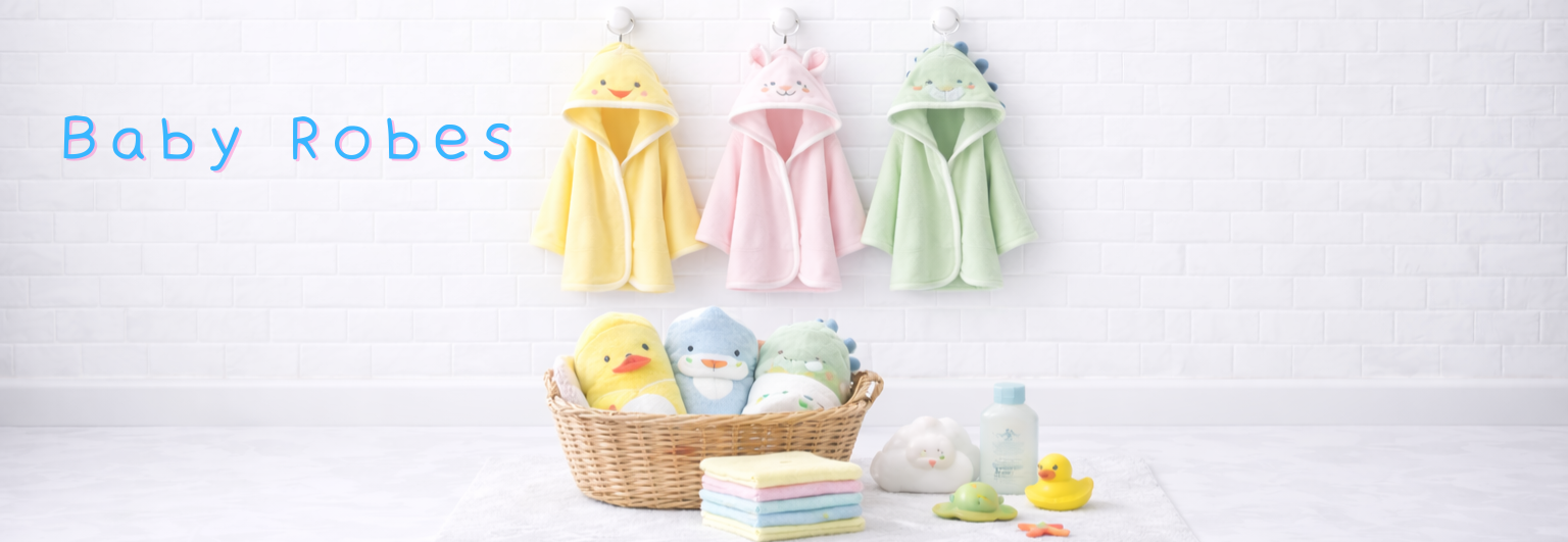 Adorable baby hooded robes in yellow, pink, green with animal hoods, perfect for bath time, displayed with plush toys and baby essentials.